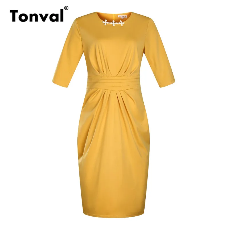 Тонваль 5XL 6XL размера плюс работа миди платье элегантный офис леди женщин баски Ruched платья зеленый Bodycon Карандаш платье - Цвет: Цвет: желтый