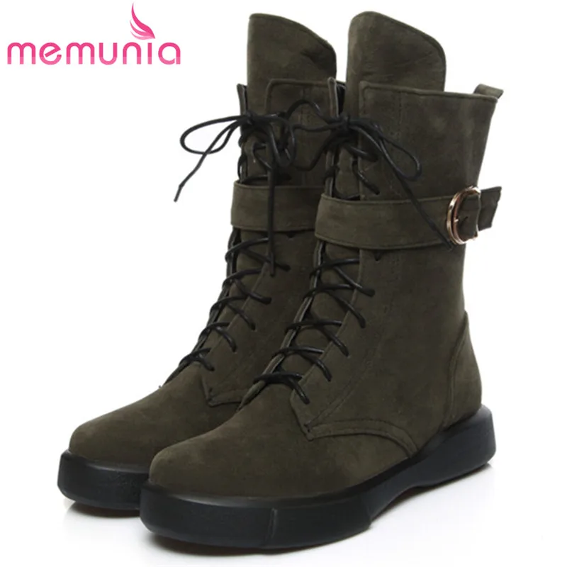 

MEMUNIA Punk fashion boots female women shoes ankle boots lace-up flock solid round toe platform boots big size 34-43