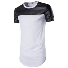 Men’s Summer Hipster Hip Hop Short Sleeve Leather Patchwork Longline T Shirts O Neck Extended Tees Designer Brand Urban Clothing