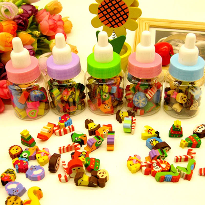 

Milk Bottle Cartoon Eraser 10 Sets for Choice Cartoon / Christmas / Fruit / Bird / Number / Animal Pencil Erasers for Kids