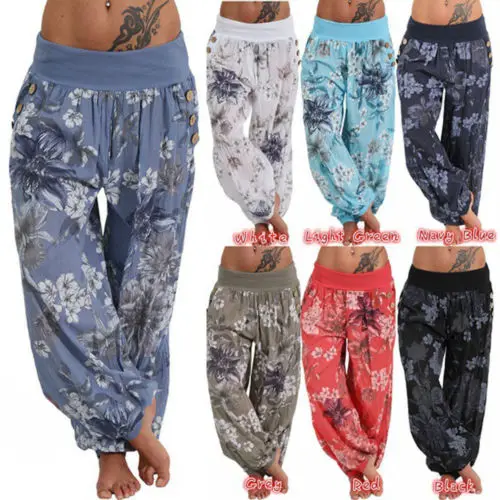 

Women Floral Casual Pants Print Harem Pants Loose Boho Beach Holiday Palazzo Trousers Plus Size S-2XL