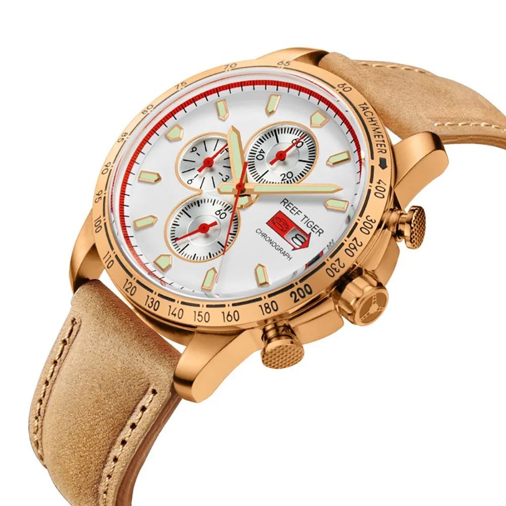  Reef Tiger/RT Sport Watch for Men Chronograph Quartz Watches with Date Rose Gold Watch with Luminou
