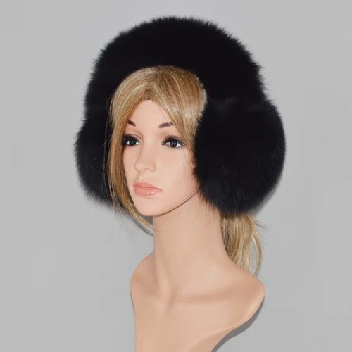 New Style Women Natural Real Fox Fur Earmuffs Plush Winter Warm Big Fox Fur Ear Muffs Girls Luxury Fox Fur Earmuff - Цвет: black