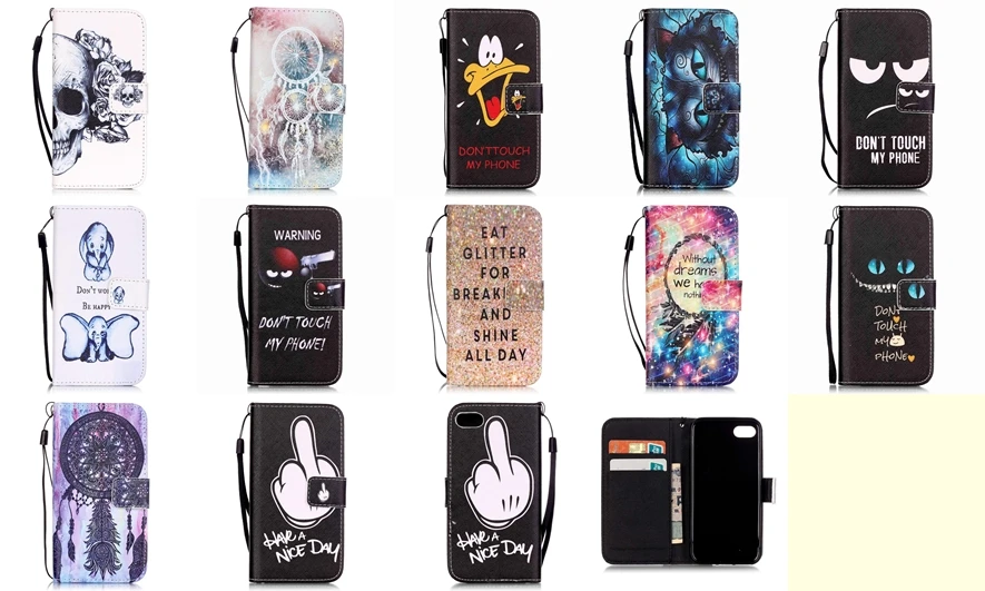 

Luxury Painting PU Flip Leather Case For iphone 7 7 Plus 8 8 Plus Wallet Stand Cover Handbag With Hand Strap Cell Phone Cases