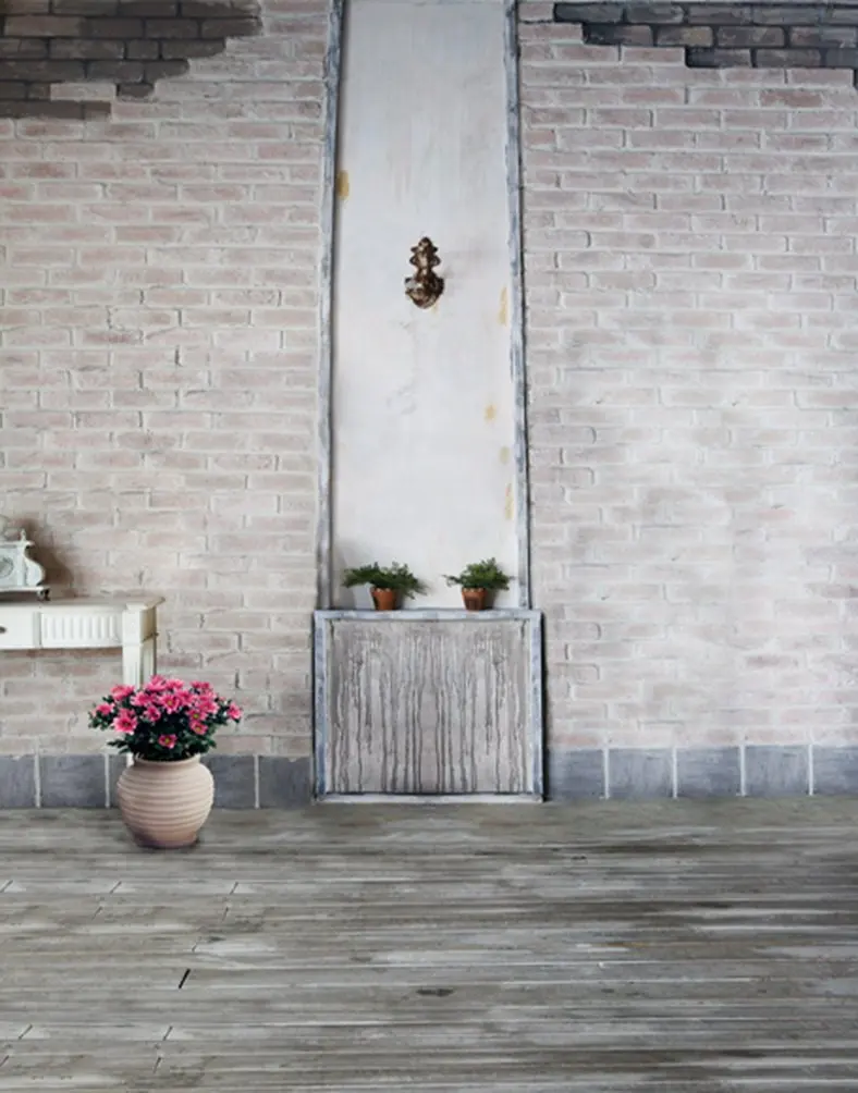 

5x7ft Wooden Floor Brick Wall Flowers Photography Backdrops Photo Props Studio Background