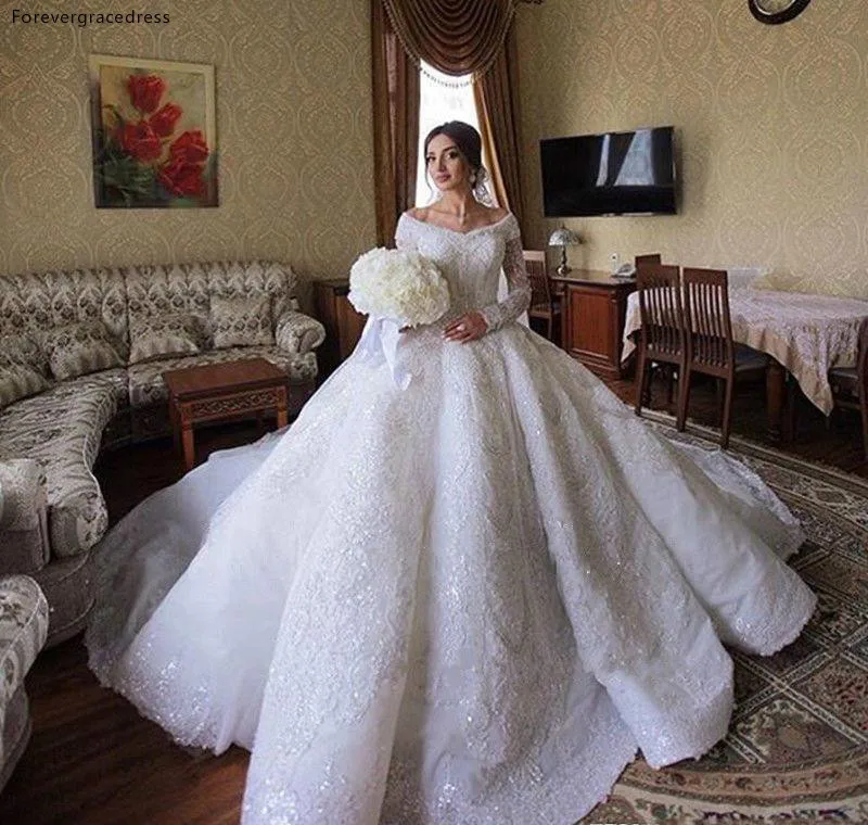 Custom Made Luxury Lace Ball Gown Wedding Dresses Saudi Arabia Off The Shoulder Long Sleeve Full Lace Appliqued Sequins Bridal Gowns  418 (4)