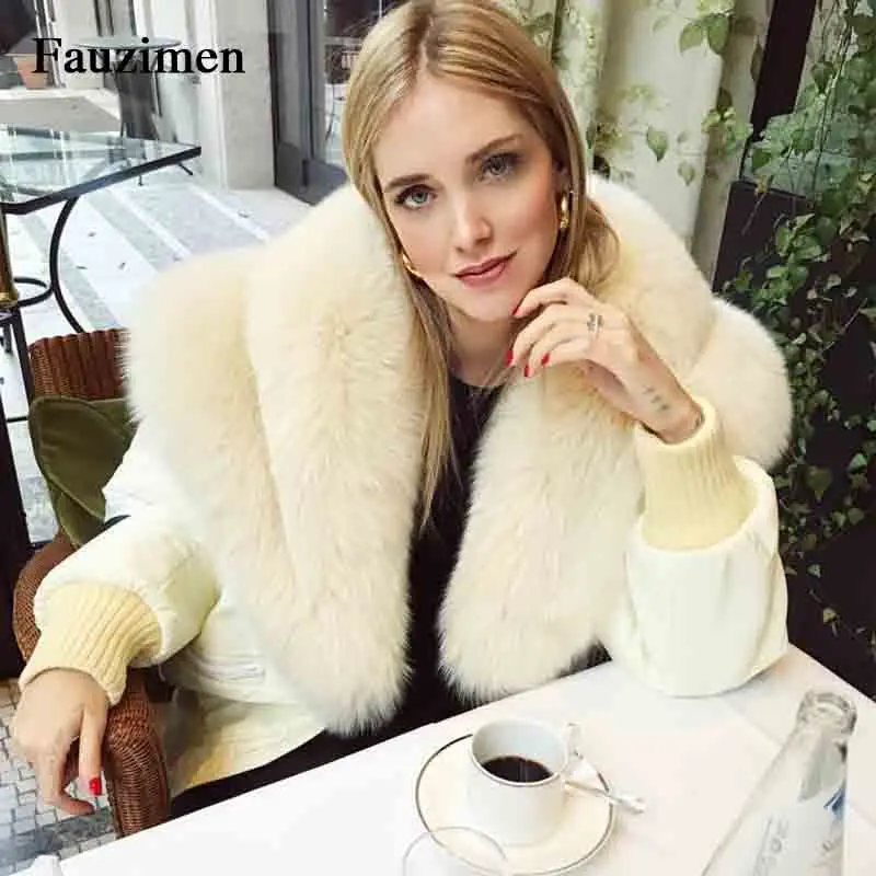 

Women Down Jacket Real Large Raccoon Fur Collar Coat Striped Bomber Jacket Overcoat Winter Warm clothing Korean Style hot