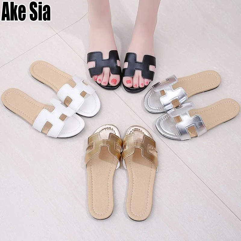 

Ake Sia Estival Outwear Fashion Mujer Women Feminine Peep-Toe Casual Babouche Flat Beach Sandals Slides Flat Slippers Shoes A251