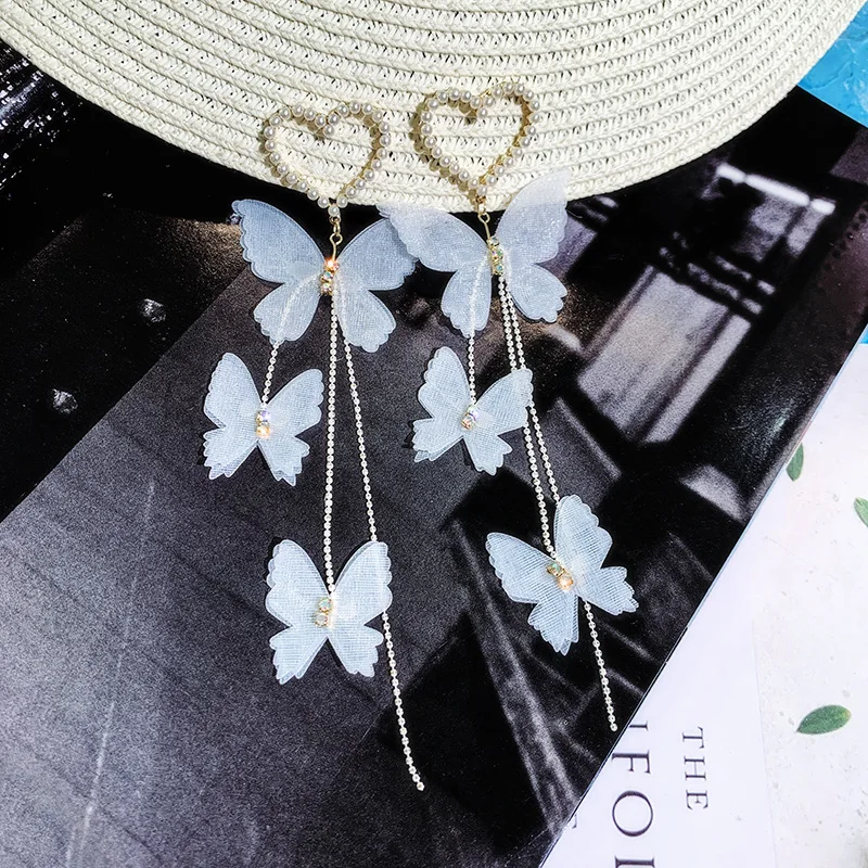 

Shiny side new design fashion jewelry long tassel Crepe butterfly earrings for women