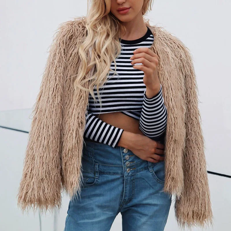 Plus Size 3XL O-Neck Solid Coat Fashion Winter Women Long Sleeve Faux Fur Coats Sexy Thick Warm Casual Ladies Short