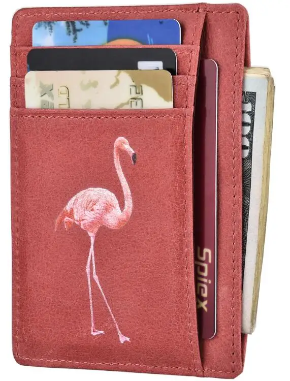 Передний карман минималистский Тонкий кожаный бумажник RFID Блокировка Средний Размеры держателя карты - Цвет: Unicorn Flamingo