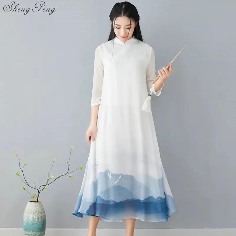 Новинка 2019 года современный Cheongsam Белый Вышивка Ци Пао длинные для женщин традиционные китайское платье Qipao Восточный стиль V1543