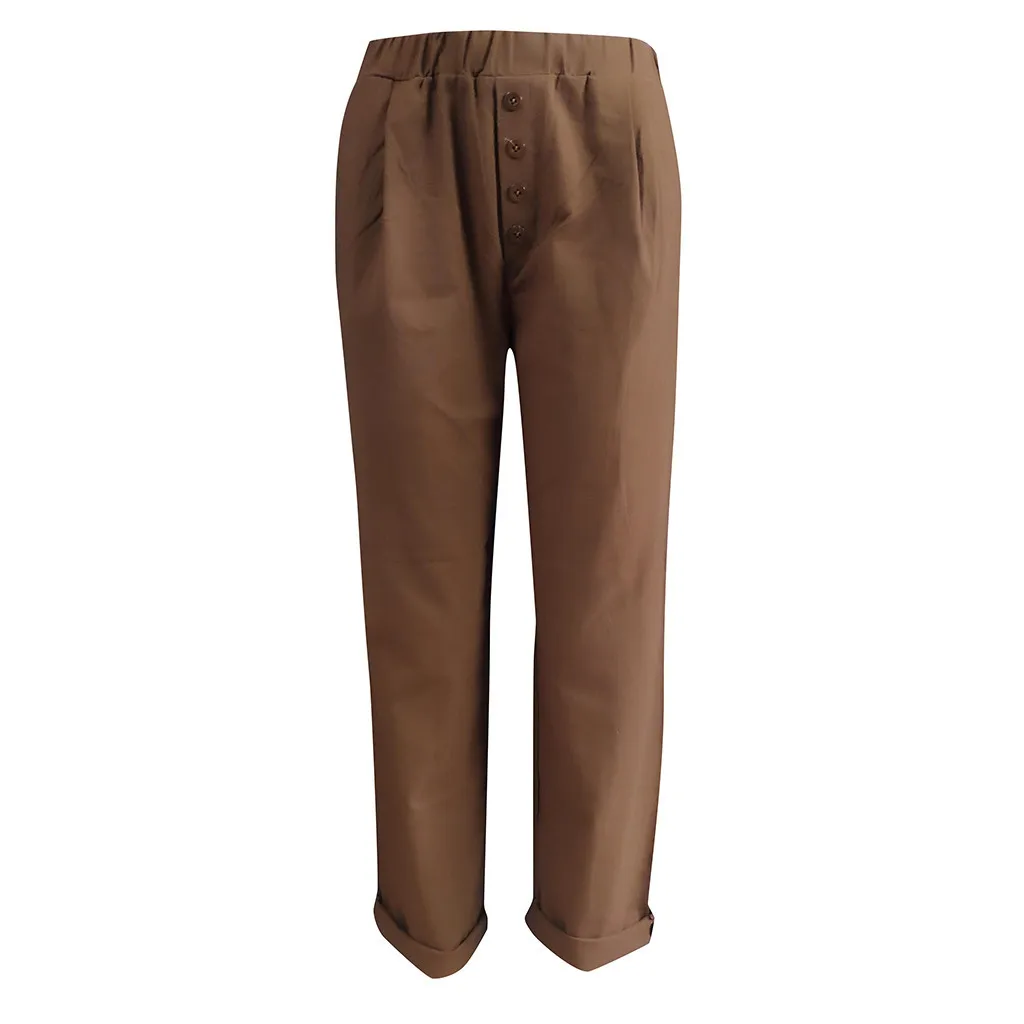 Feitong женские брюки повседневное однотонное хлопковое белье брюки на пуговицах Свободные широкие брюки плюс размер коричневый, черный, синий, серый S-3XL - Цвет: Коричневый