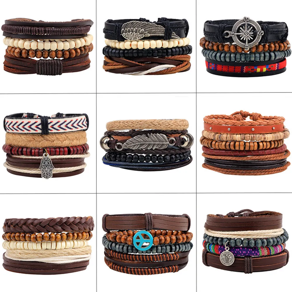 

4pcs/set Handmade Boho Gypsy Hippie Black Leather Rope Cord Wing Hand Leaves Compass Charm Stackable Wrap Bracelets for Man