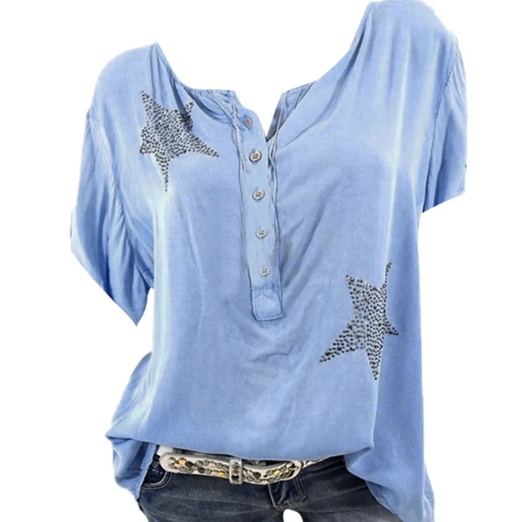 

Five-pointed Star Blouse Women Button Hot Drill Plus Size Tops Blouse Summer Tops For Women 2019 Vintage*