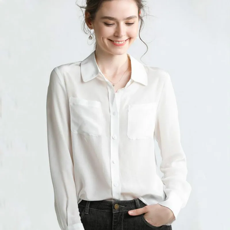 

2019 spring new silk silk solid color versatile top boutique women's 14 m 2 02 double crepe silk shirt