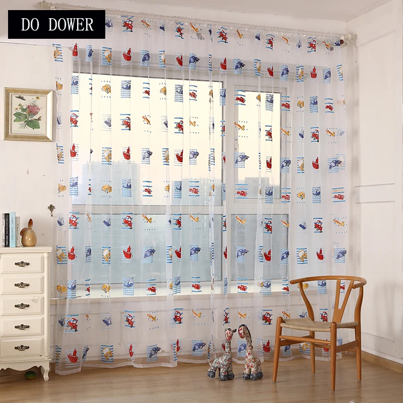 Cartoon Car Pattern Children Voile Curtains Drapes Tulle Valance for Bedroom Living Room Door