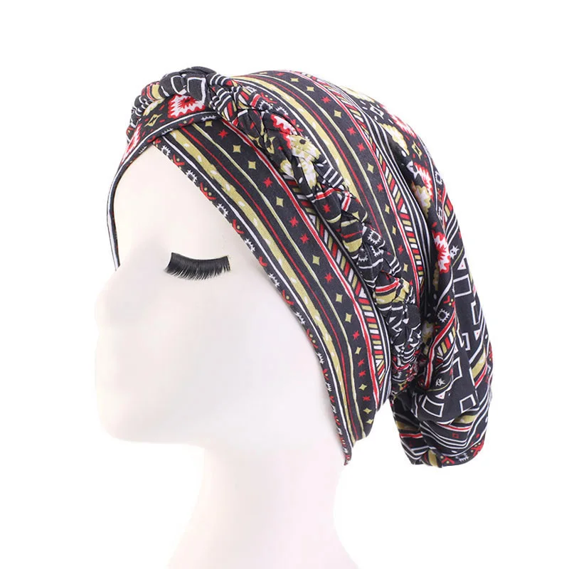 New Ethnic Style Twist Braid Turban Cap Bohemian Print Muslim Hat Women Bandanas Headwear Hair Accessories Headscarf Hijab - Цвет: black