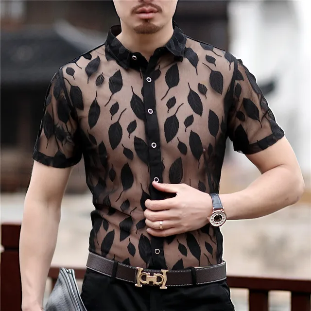 Summer Short Sleeve Leaf Print Mesh Shirt For Men See Through Sexy