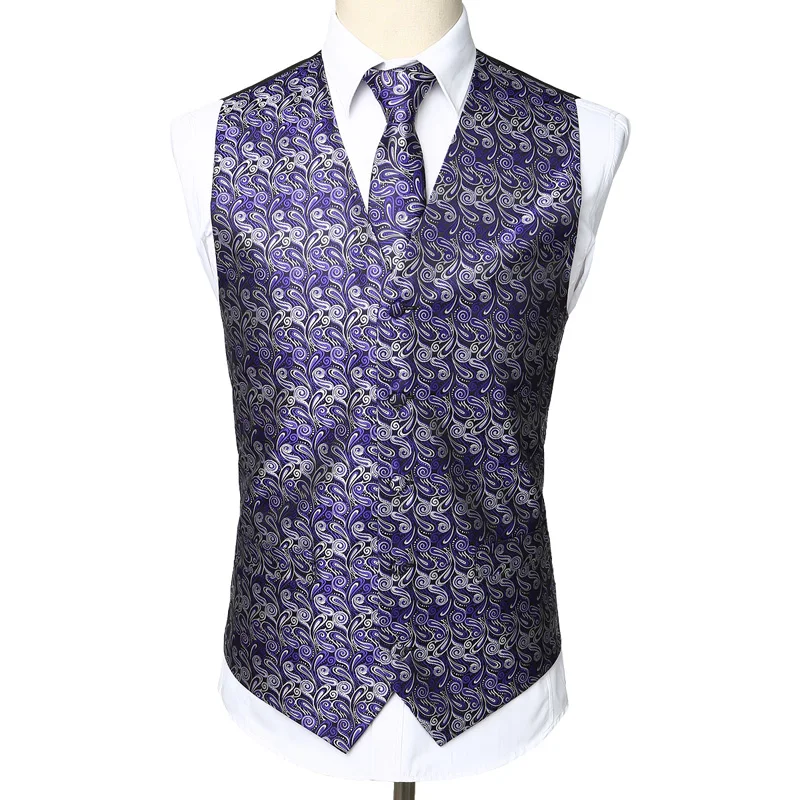  Mens Hipster 3pcs Jacquard Paisley Vest Set Necktie Handkerchief Waistcoat for Suit Wedding Prom Pa