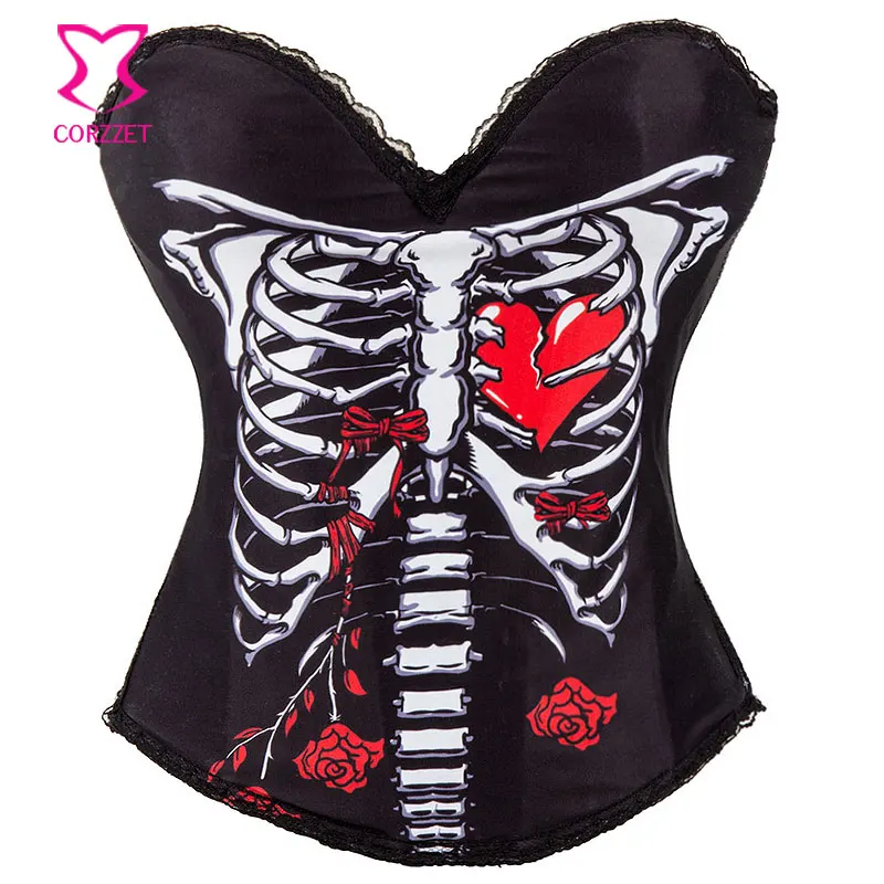 Skeleton With Red Heart Printed Black Cotton Gothic Corset Sexy Bustier Korsett For Women