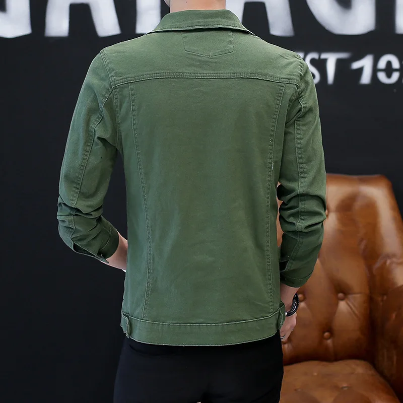 2019 Autumn Solid Jacket Men Denim Regular Cotton Casual Patchwork Pockets White Green Streetwear Jackets Coats