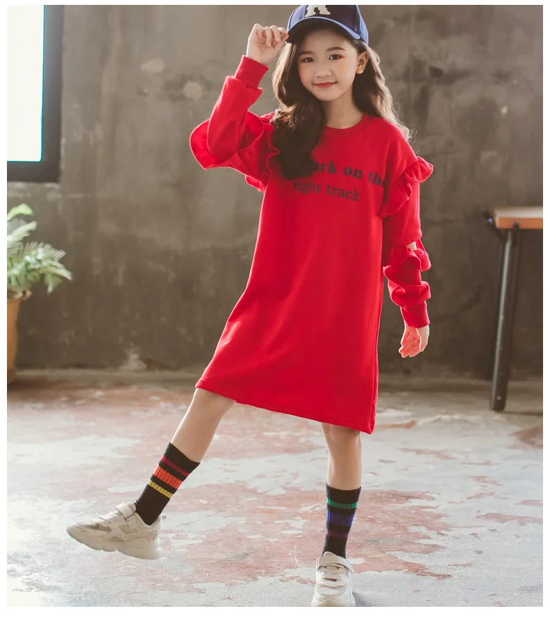 Г. Модное платье-свитер для девочек детские осенние хлопковые платья с длинными рукавами и рюшами прямые красные платья для крупных детей, Vestidos, для От 4 до 14 лет