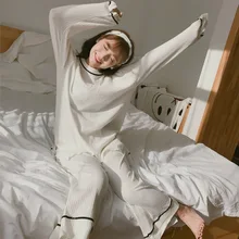 Yomrzl Новое поступление весна-осень Женская пижамный комплект бежевый пижама с длинным рукавом с круглым вырезом сна Набор Крытый одежда A410