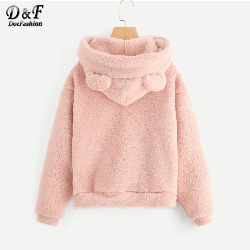  Dotfashion Pink Solid Teddy Hoodie Womens Clothing Fashion Women 2019 Autumn Casual Hooded Long Sle