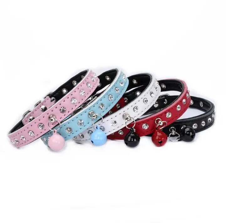 

Leather Dog Collar Diamond Pet Cat PU Leather Leash for Dogs 1 Rows Rhinestone with bell Necklace Puppy Collar Pet Accessories