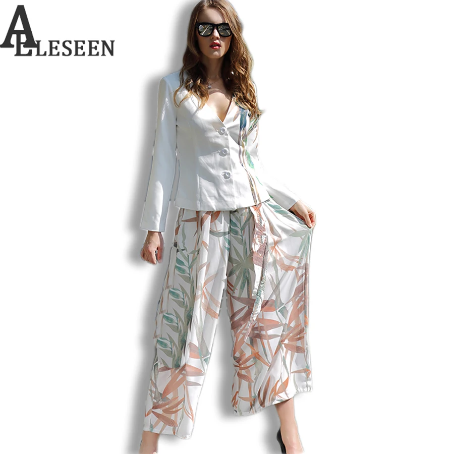 

Elegant 2 Piece Set Bambo Leaves Print Long Sleeve Fashion V-Neck Sashes Sexy Tops + Kimono Women 2017 Autumn Full Pants Suits