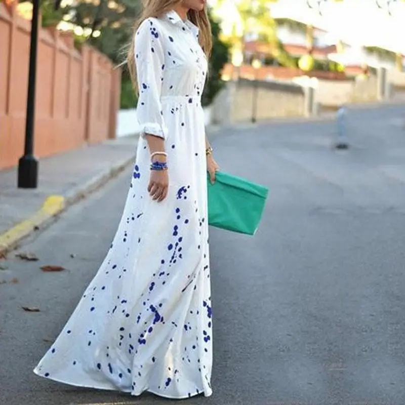

MISSKY 2018 New Women Sexy Summer Beach Boho Maxi Dress Evening Party Long Chiffon Shirt Dresses
