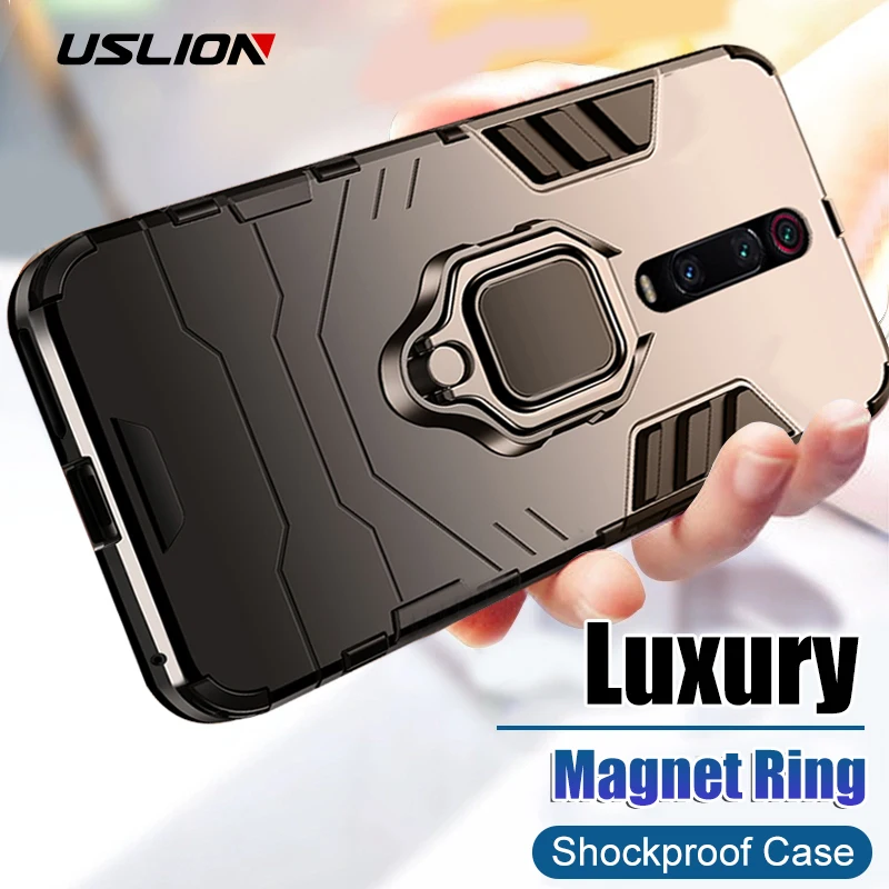 

USLION Shockproof Protection Case For Xiaomi 9 8 SE Redmi 5 Plus 6 Pro 7 Finger Ring Holder Phone Cover 2 IN 1 TPU + PC Cases
