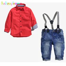 Babzapleume/весенне-Осенняя детская одежда модная красная рубашка с длинными рукавами+ джинсы+ ремень, комплекты одежды для маленьких мальчиков BC1667-1