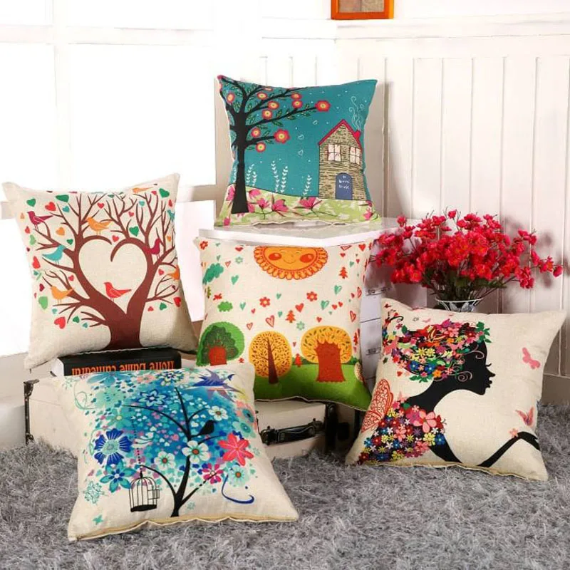 

Flowers Trees Cushion Cover 45x45cm Cotton Linen Decorative Pillow Case Throw Pillowcase for Sofa Chair Car Cushion Decoration