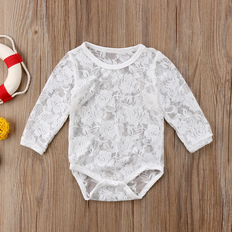 Кружевное боди для новорожденных девочек 0-18 месяцев, однотонный белый/черный пляжный костюм с цветочным принтом и длинными рукавами, топы, одежда для малышей 0-18 месяцев