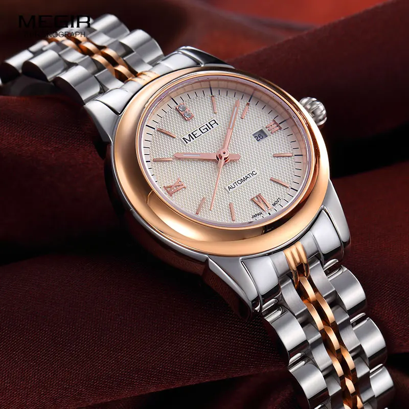 Reloj de pulsera MEGIR para mujer mecánico esqueleto reloj de pulsera 2019 moda Acero inoxidable Casual elegante mujer regalo RS62002LWhite-Rose - 3