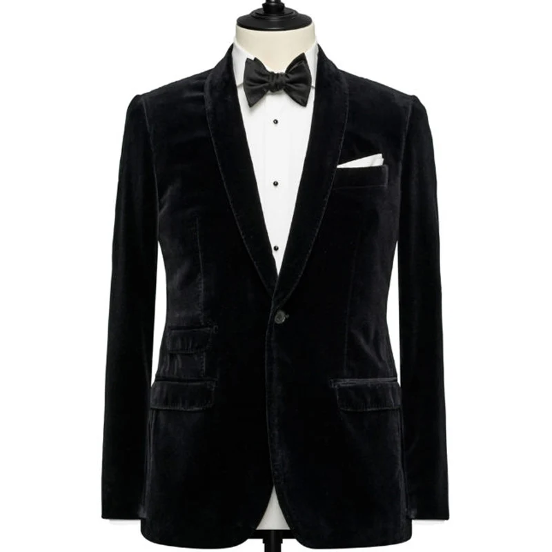 Black Velvet Men Suits Jacket Blazer Groom Wear 2018 Shawl Lapel Custom Made Wedding Groom Tuxedos 