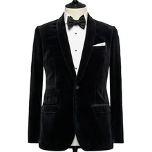 Black Velvet Men Suits Jacket Blazer Groom Wear 2018 Shawl Lapel Custom Made Wedding Groom Tuxedos 