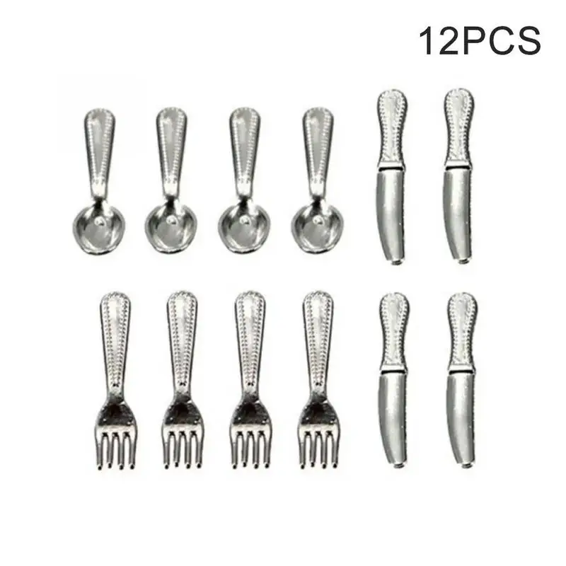 

12pcs 1/12 Doll House Tableware Forks Knife Set Miniature Stainless Steel Tableware Set Silver Color Tableware Miniature
