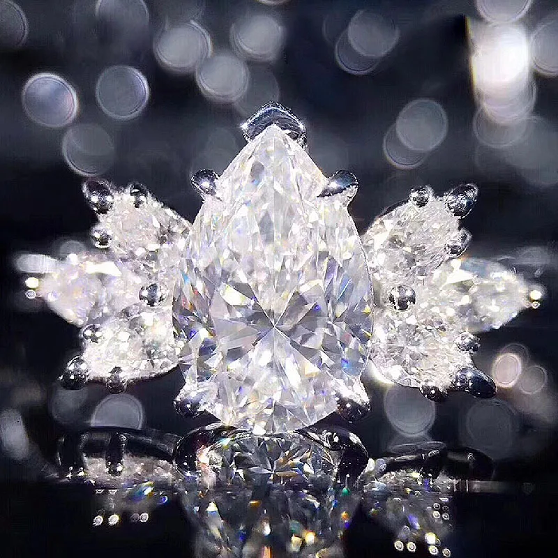 Роскошное обручальное кольцо для женщин, 18 К, белое золото, 1ct, 6 мм, середина, груша, Муассанит, ледяная огранка, кольцо с бриллиантом для лаборатории