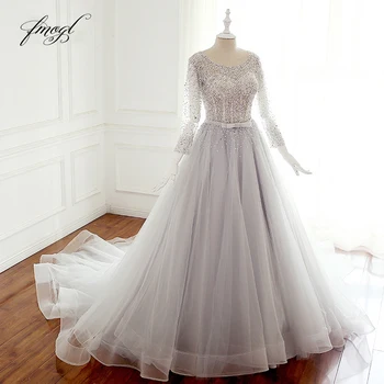

Fmogl Vestido De Noiva Long Sleeve A Line Wedding Dress 2019 Sexy Backless Beaded Sequined Princess Bridal Gown Plus Size