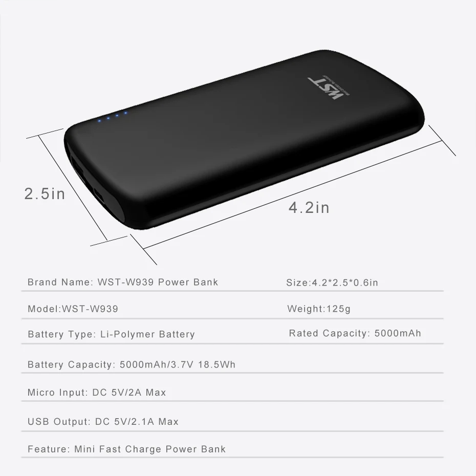 WST Portable Capacity Power Bank 5000mAh PoverBank Battery Pack Mobile External Battery For iPhone Samsung Phone Powerbank (9)