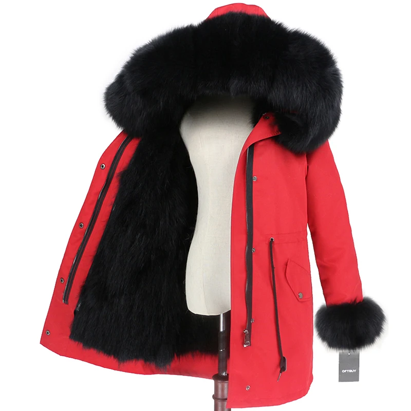OFTBUY, водонепроницаемая парка, женская, натуральный Лисий мех, капюшон, манжеты, пальто, зимняя куртка, верхняя одежда, съемная, толстая, теплая верхняя одежда, уличная одежда - Цвет: red black black