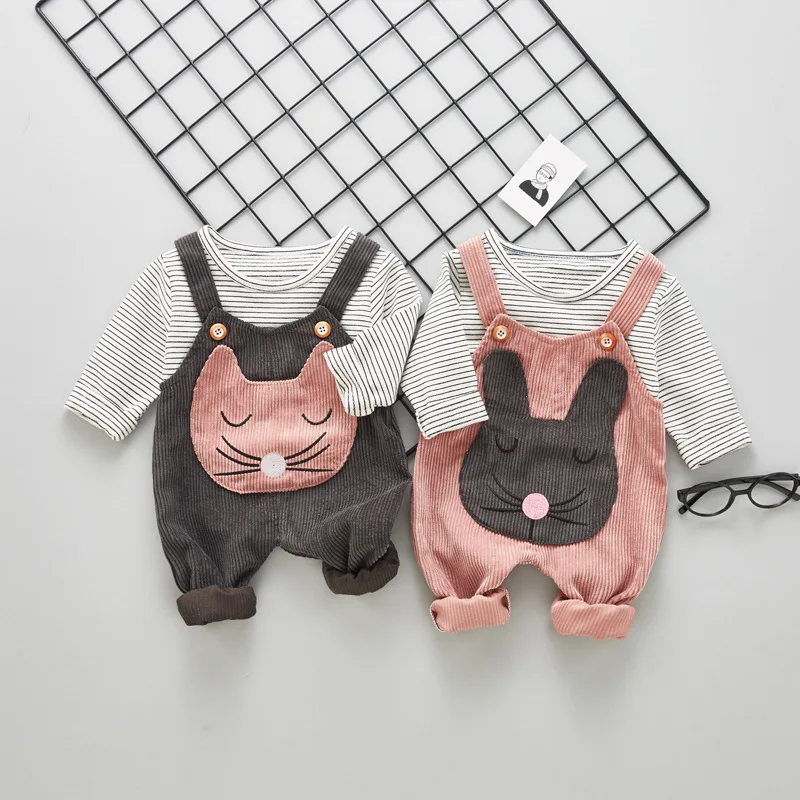 

Children Autumn Baby Girls Kids Boys Striped Long Sleeve T-shirt Tops+Cartoon Cat Overalls Pants 2pcs Infants Clothes Set S7167