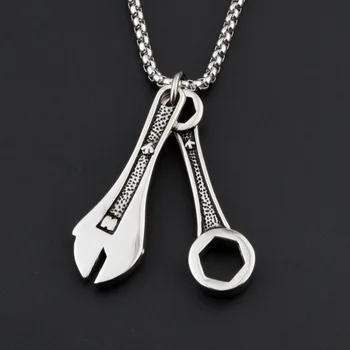 

New Arrival men's stainless steel double pandent necklace hip hop necklace spanner pendant popcorn chain necklace ,CAGF0007