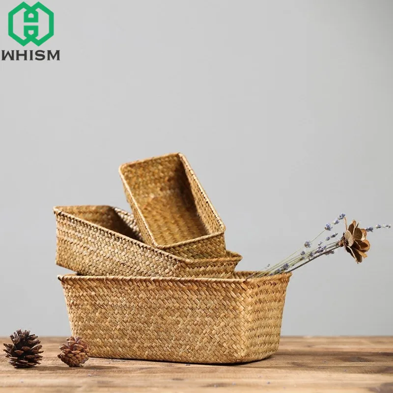  WHISM Weaving Storage Basket Rattan Fruit Storage Box Handmade Tea Holder Seagrass Picnic Basket Wi