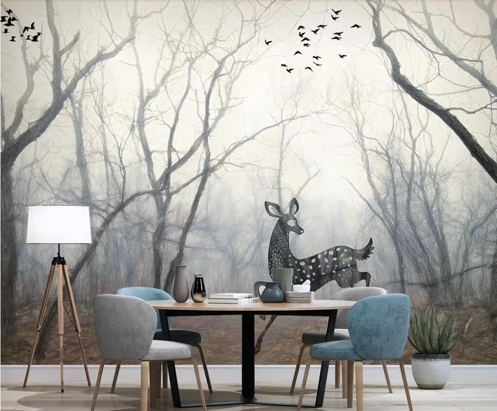 Beibehang пользовательские обои Nordic ручная роспись лес Лось современный минималистский ТВ фоне стены гостиная, Спальня 3d обои