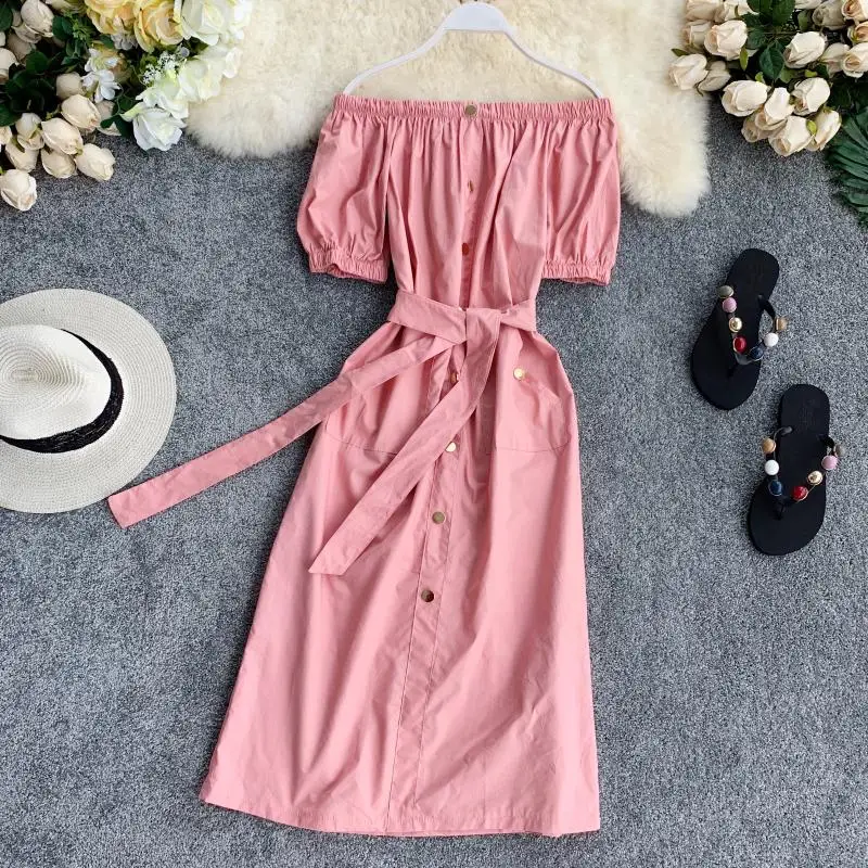 

2019 Fashion Slim Button Ladies Off Shoulder Summer Midi Long Bandage Dress Party Sashes Dresses Women Casual Elegant Vestidos