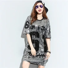Free Shipping Summer Fashion Sequined T Shirt Dress Sequins Loose Dress Paillette Dress Female Letter Digital Printed Dress